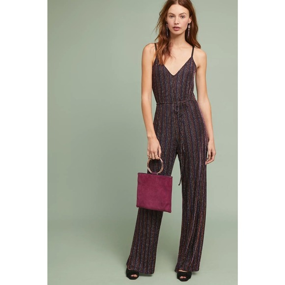 Corey Lynn Calter | Magda Striped Metallic Jumpsuit Anthropologie Purple Medium